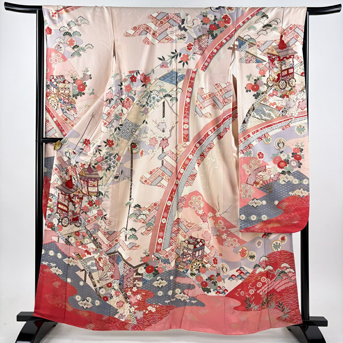 振袖 身丈163cm 裄丈64.5cm M 袷 山鉾 草花 金銀彩 薄ピンク 正絹 秀品 【中古】