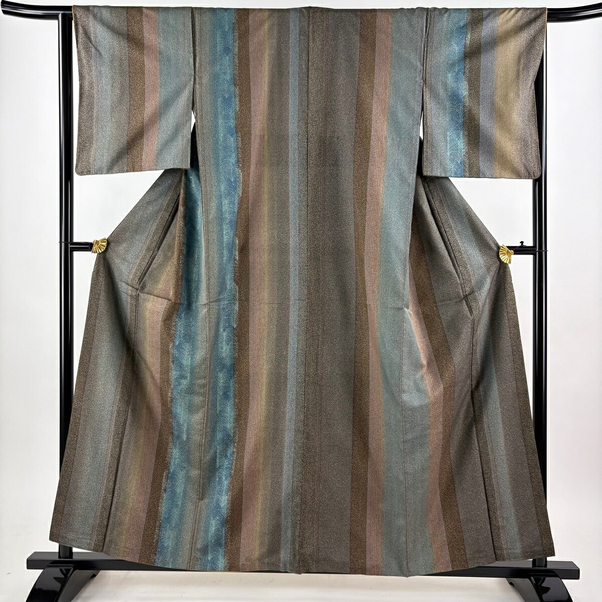 【美品】 付下げ 身丈158cm 裄丈64.5cm M 袷 紬地 松 縦縞 茶色 正絹 秀品 【中古】