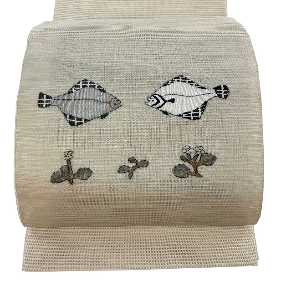 名古屋帯 名品 夏帯 絽 魚 草花 銀糸 ベージュ 正絹 【中古】