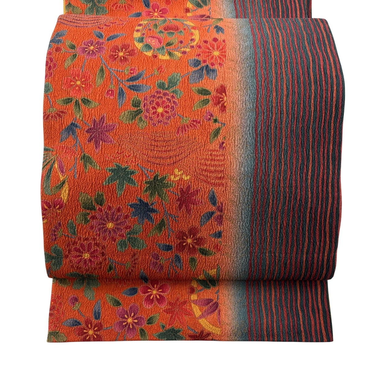 袋帯 秀品 草花 波 金彩 朱色 全通 正絹 【中古】