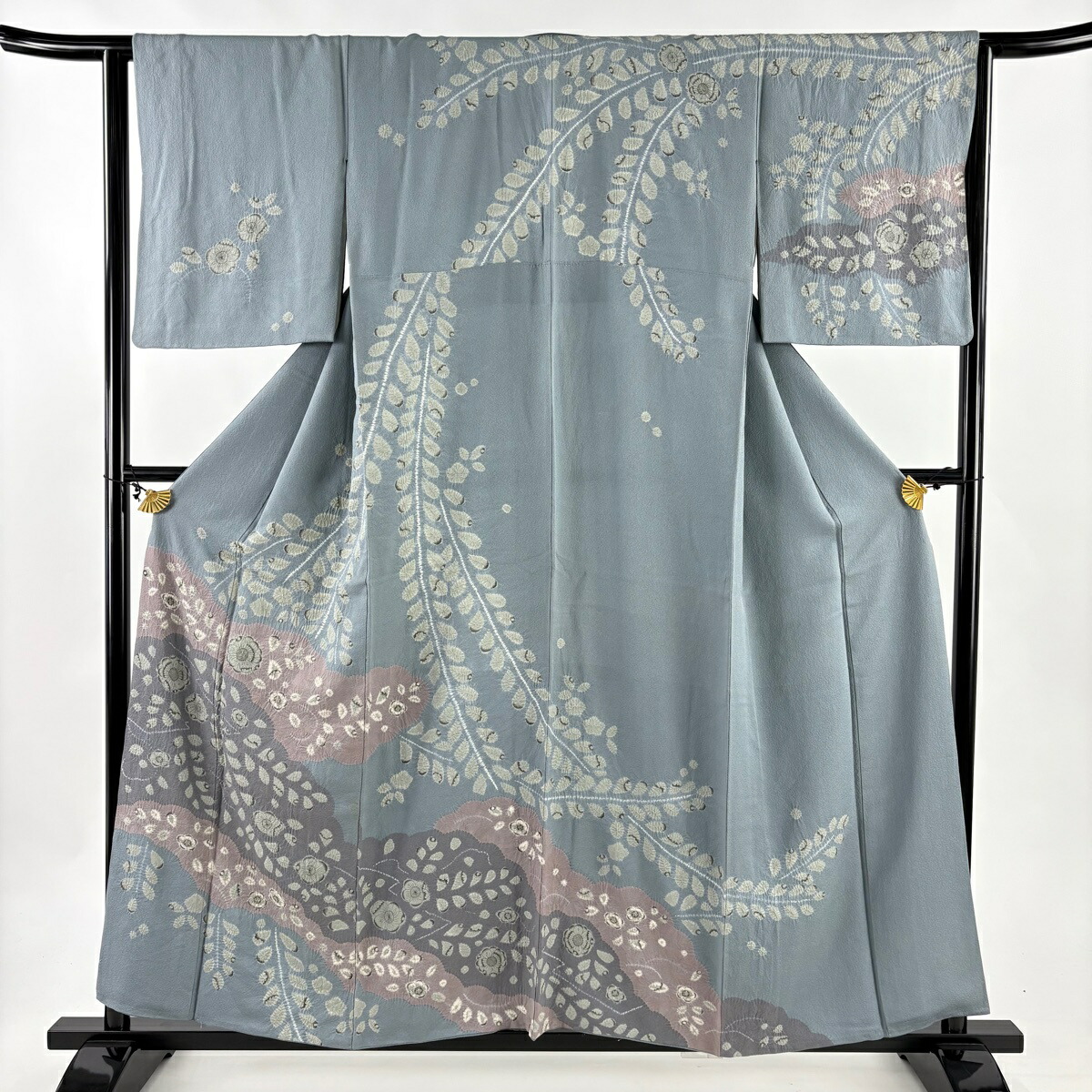 訪問着 身丈157cm 裄丈63cm S 袷 草花 雲文 絞り ぼかし 青灰色 正絹 秀品 【中古】