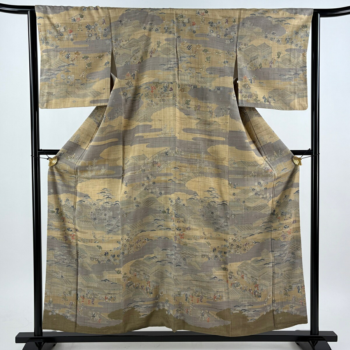 訪問着 身丈156cm 裄丈64cm M 袷 紬地 風景 人物 薄茶色 正絹 名品 【中古】