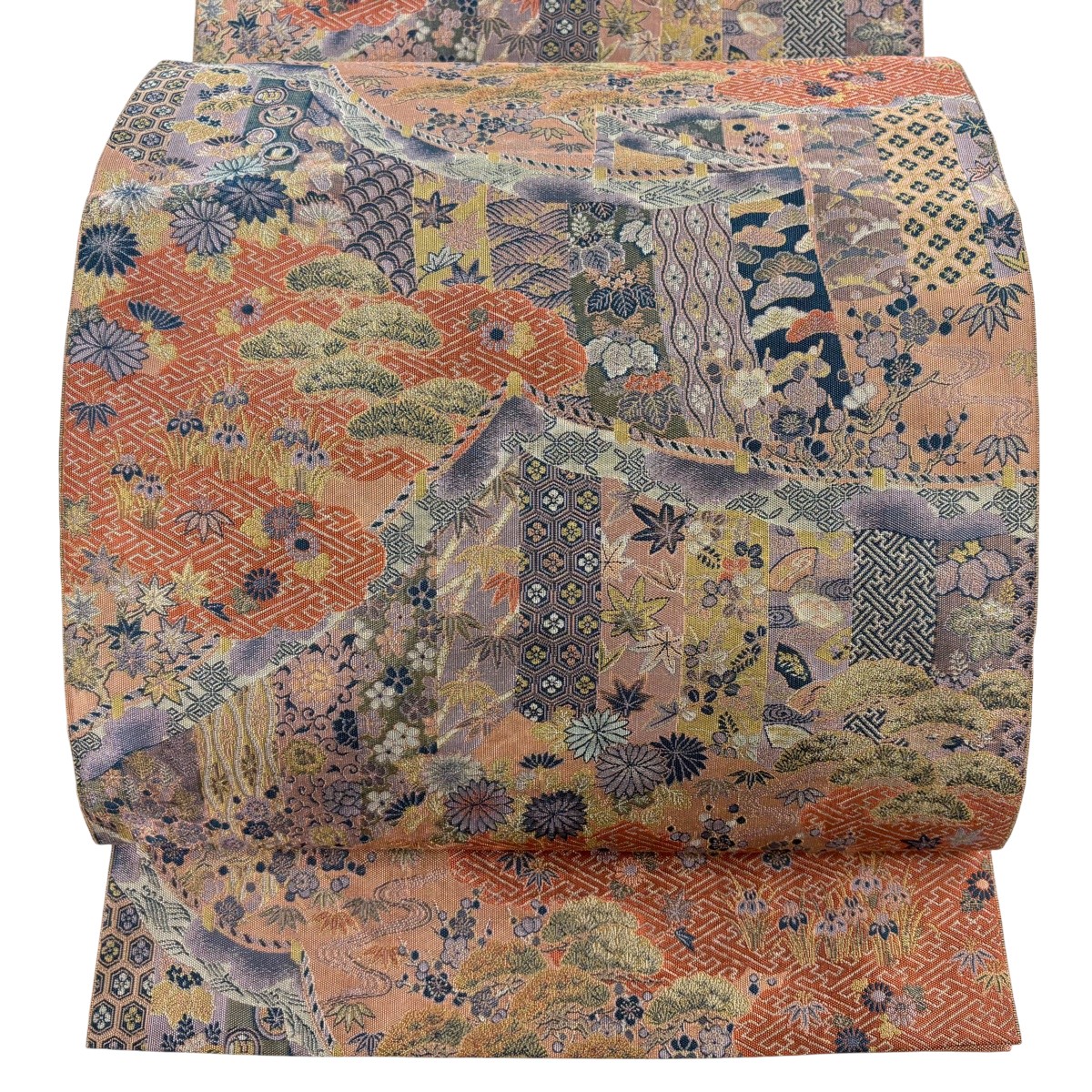 袋帯 秀品 落款あり 萬葉 幔幕 松竹梅 サーモンピンク 全通 正絹 【中古】 4,828円