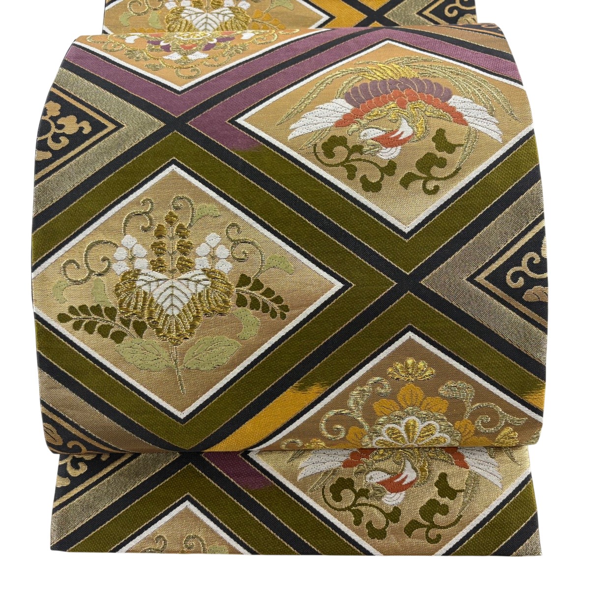 袋帯 秀品 鳳凰 桐 唐織 箔 鶯色 六通 正絹 【中古】