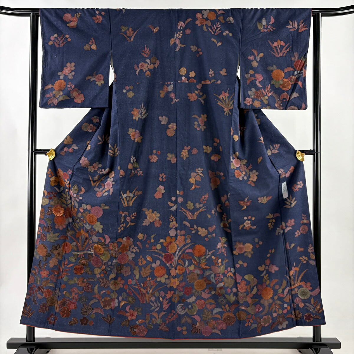 訪問着 身丈155.5cm 裄丈63.5cm S 袷 京屋林蔵 紬地 落款あり 草花 菊 刺繍 紺色 正絹 逸品 【中古】