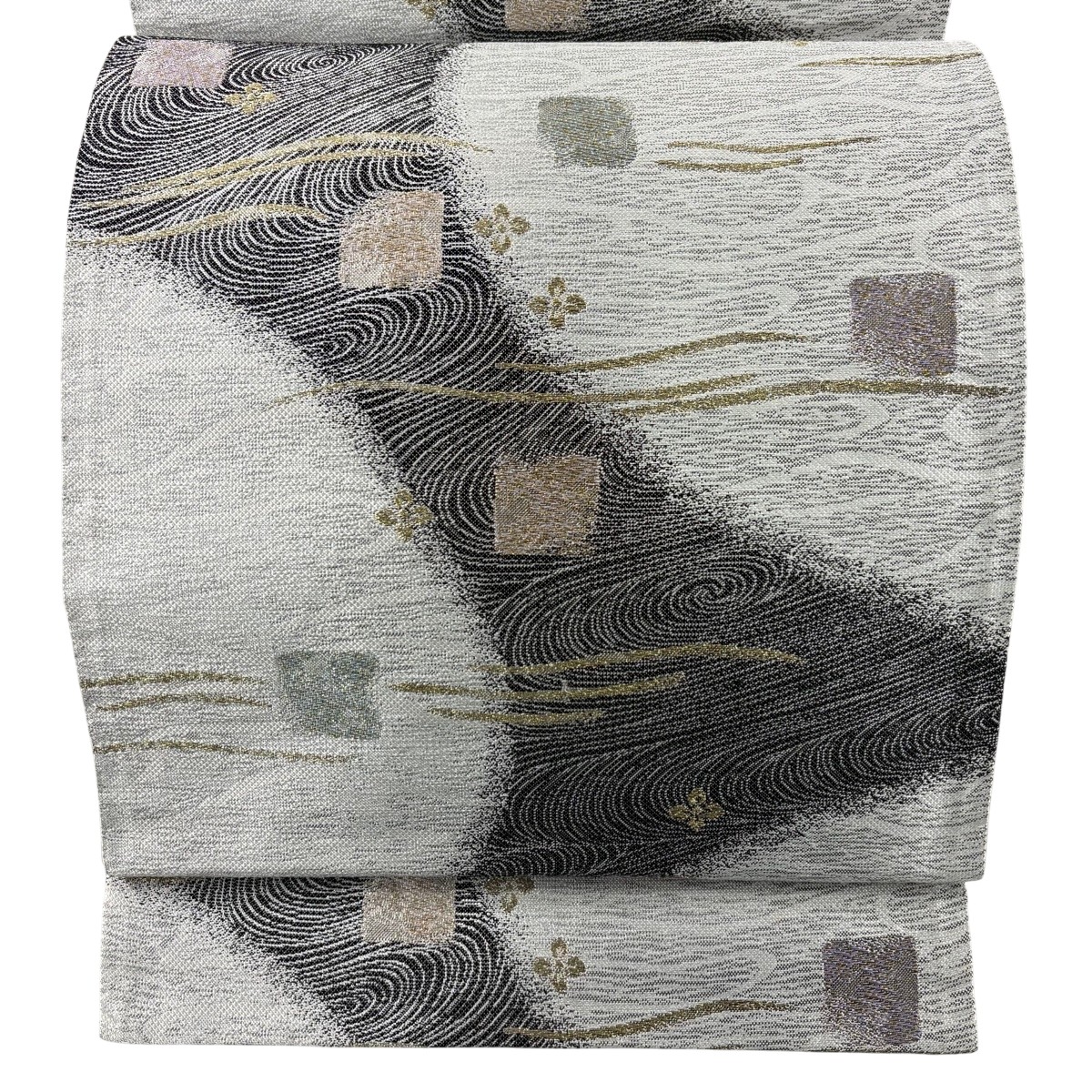 袋帯 秀品 花 流水 金糸 箔 灰色 六通 正絹 【中古】