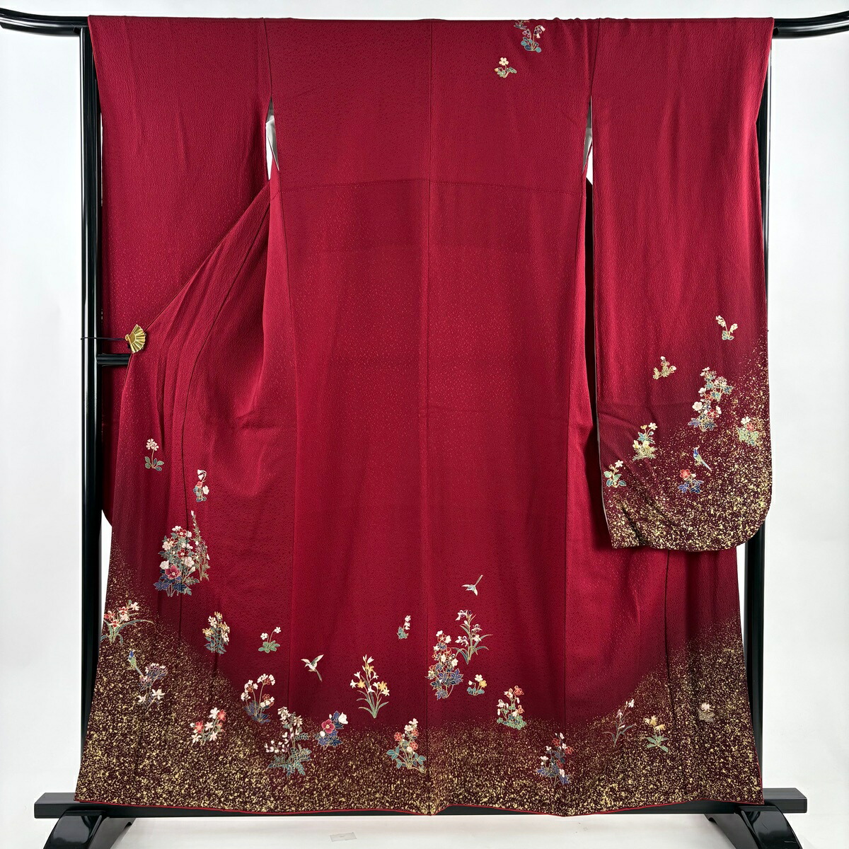 【美品】 振袖 身丈157cm 裄丈65.5cm M 袷 鈴乃屋 草花 金彩 ぼかし えんじ色 正絹 秀品 【中古】 msp50