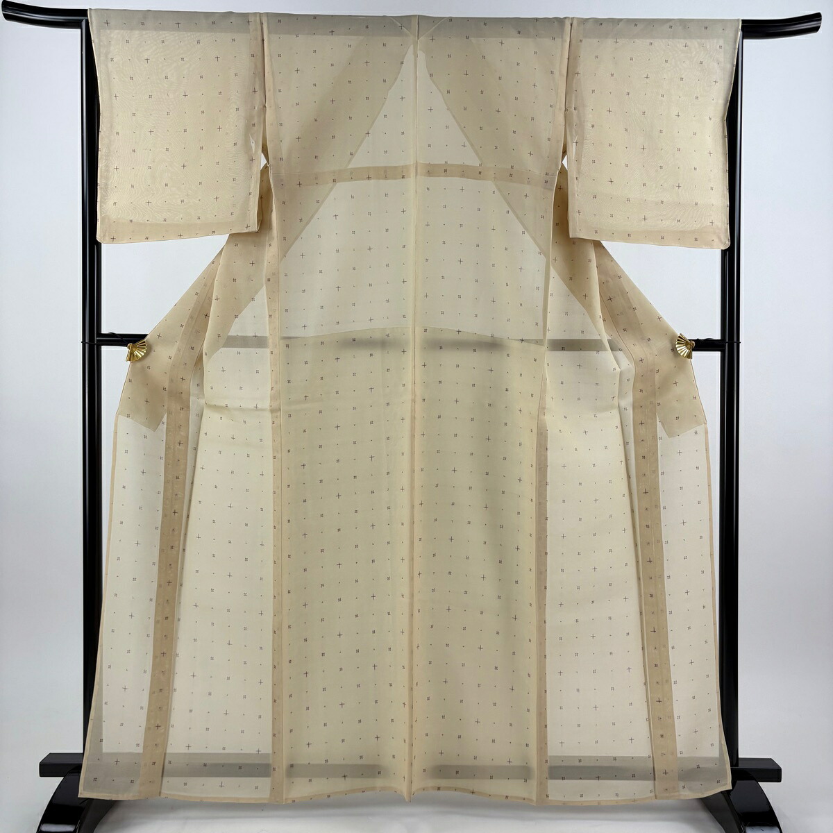 紬 身丈163cm 裄丈65.5cm M 薄物 夏紬 井桁絣 十字絣 ベージュ 正絹 秀品 【中古】