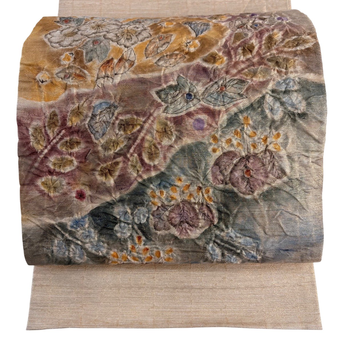 袋帯 秀品 草花 格子 箔 ぼかし ベージュ お太鼓柄 正絹 【中古】