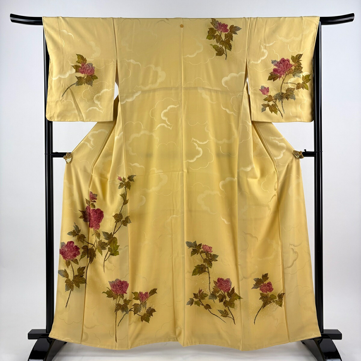 付下げ 身丈162.5cm 裄丈66cm M 袷 牡丹 地紋 ぼかし ベージュ 正絹 秀品 一つ紋 【中古】