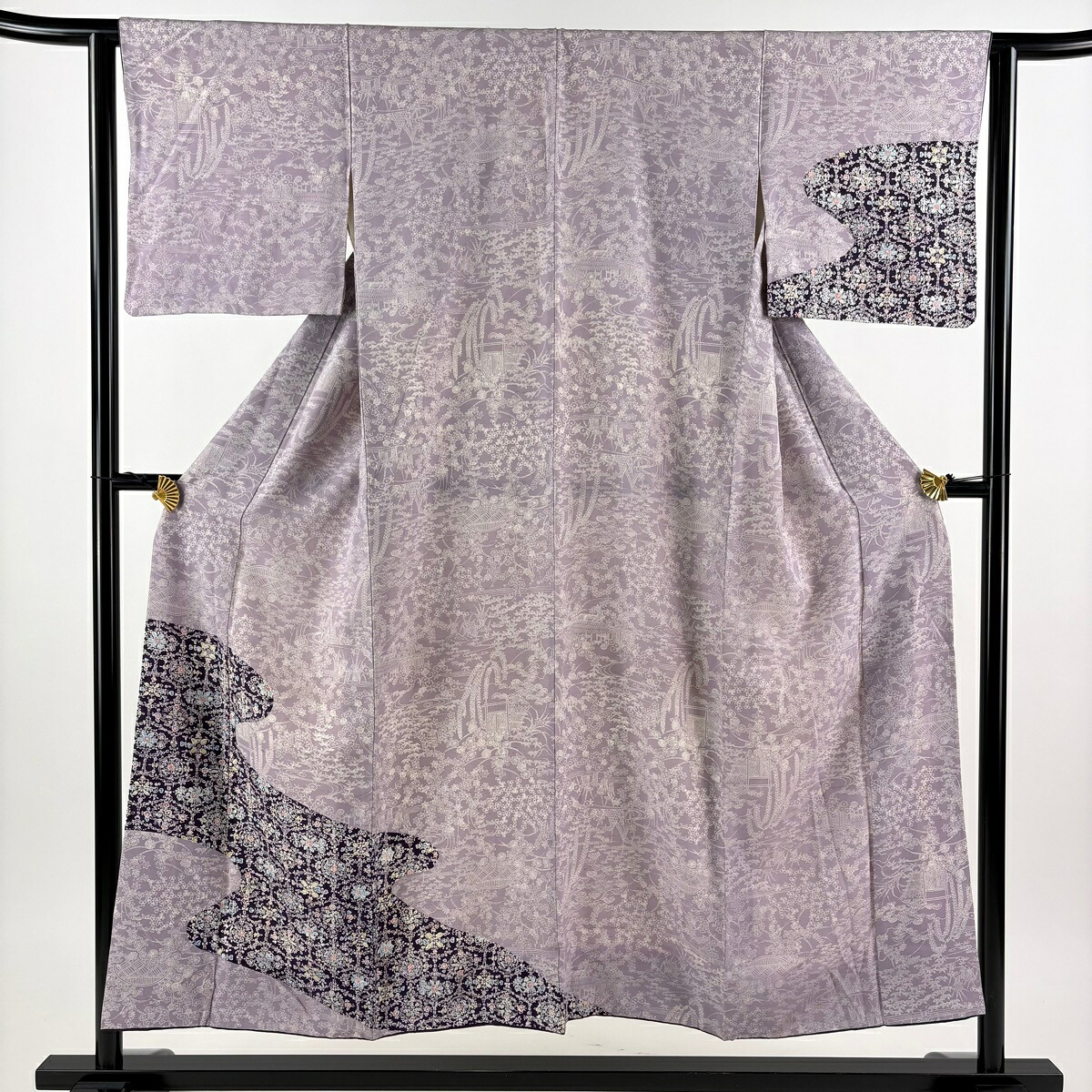 付下げ 身丈150cm 裄丈63cm S 袷 流水 草花 染め分け 灰紫 正絹 秀品 【中古】