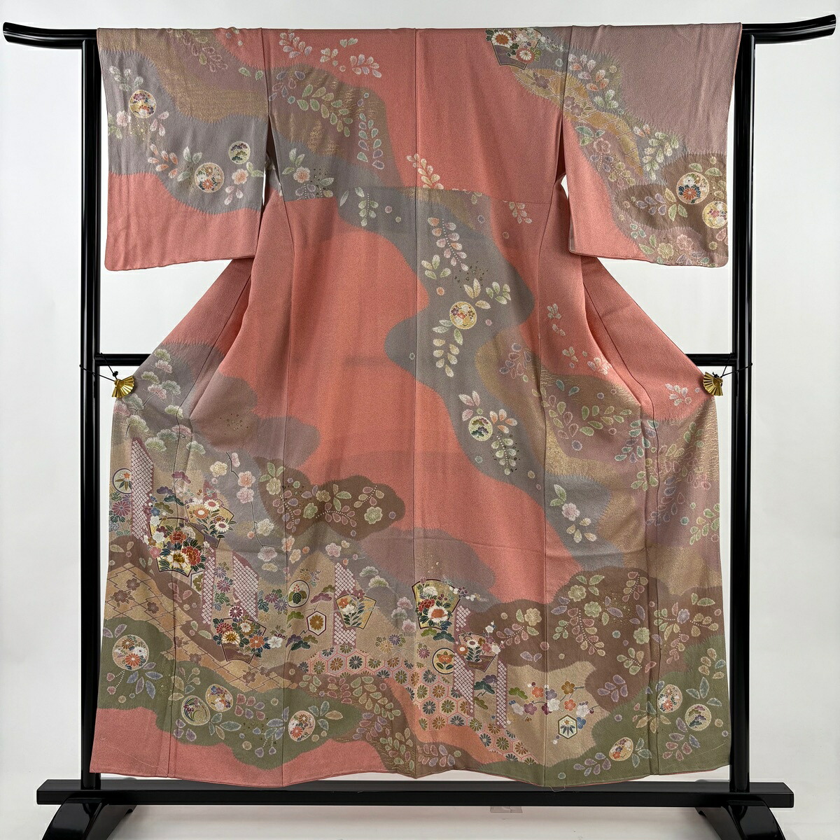 訪問着 身丈157.5cm 裄丈64cm M 袷 草花 扇面 金糸 金彩 ピンク 正絹 名品 【中古】
