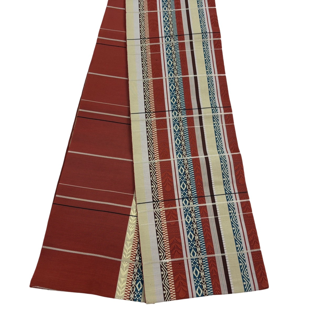 半幅帯 秀品 縞 幾何学模様 茜色 正絹 【中古】
