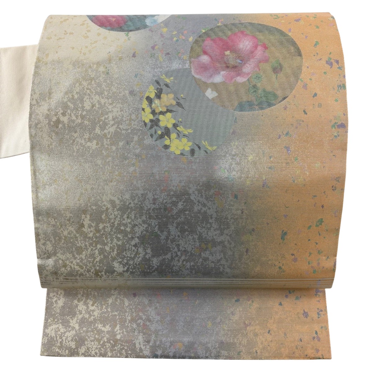 【美品】 名古屋帯 秀品 丸文 草花 螺鈿 箔 薄オレンジ 正絹 【中古】 msp50