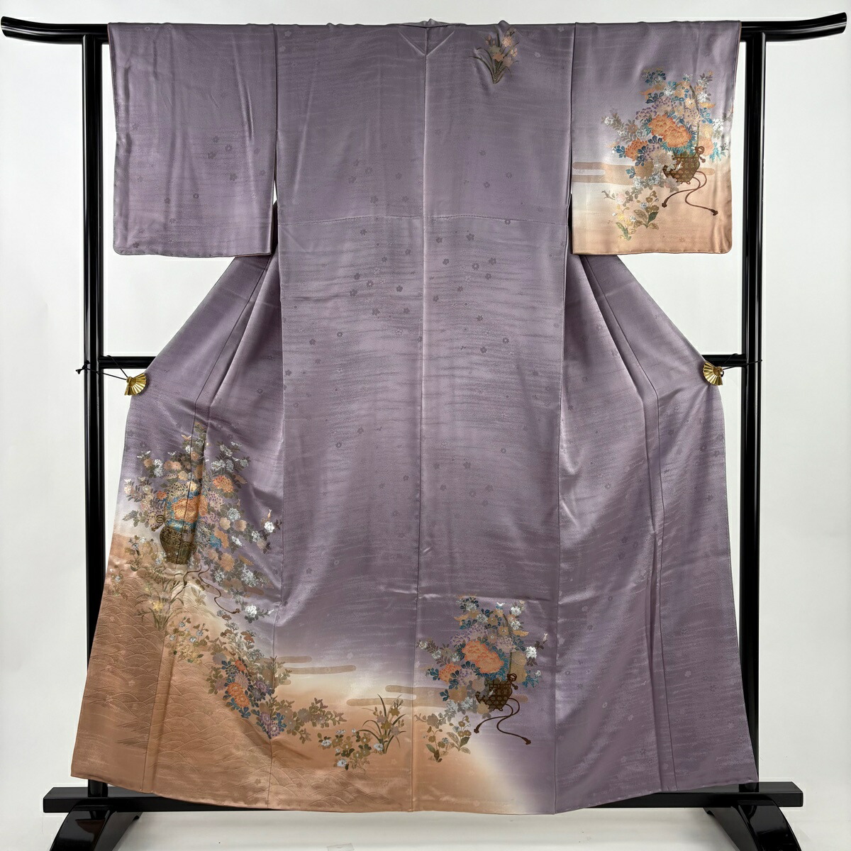 訪問着 身丈160cm 裄丈62cm S 袷 花籠 波 金銀彩 染め分け 灰紫 正絹 秀品 【中古】