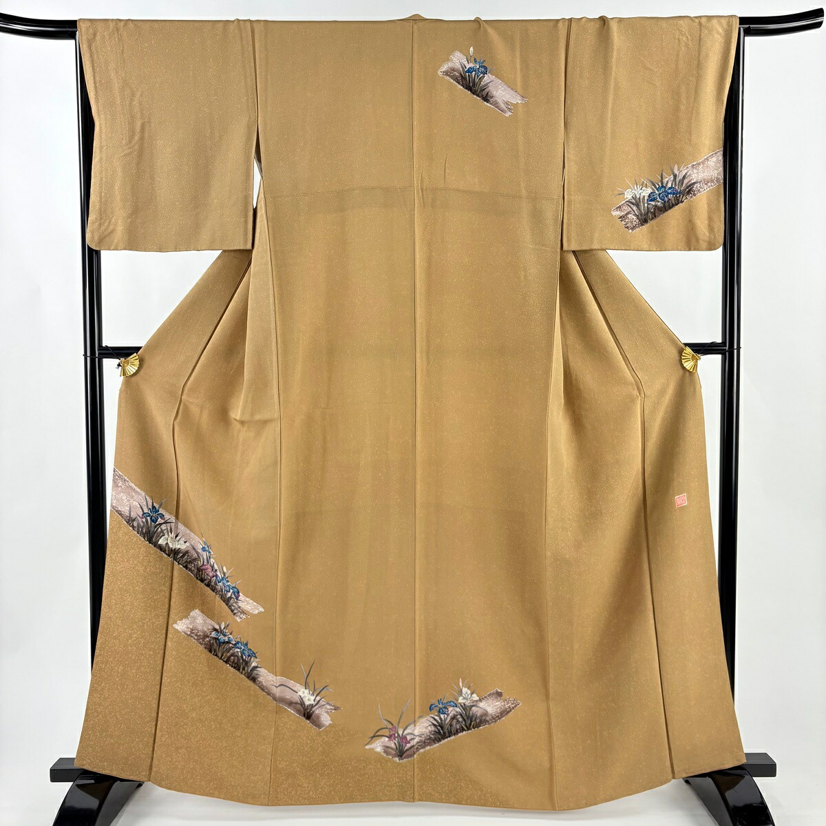付下げ 身丈164cm 裄丈66.5cm M 袷 落款あり 菖蒲 茶色 正絹 秀品 【中古】