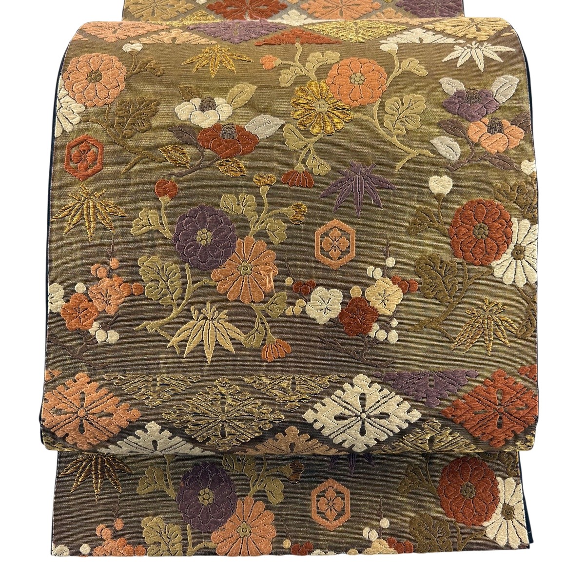 袋帯 秀品 花菱 草花 唐織 箔 金色 六通 正絹 【中古】