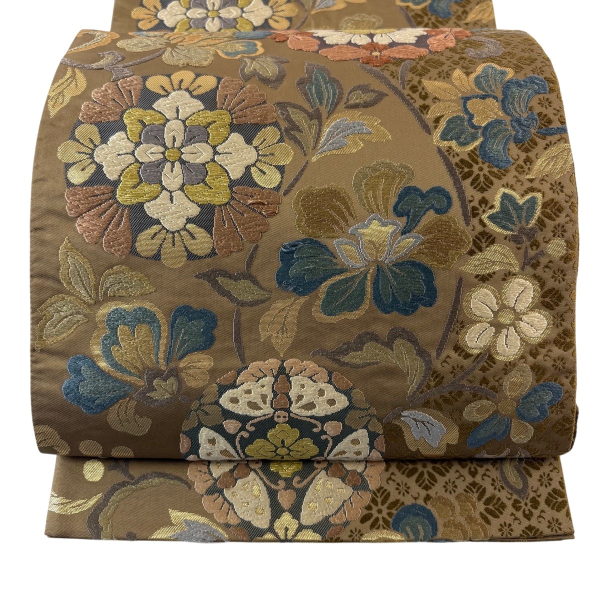 袋帯 秀品 華文 花唐草 唐織 箔 灰茶 六通 正絹 【中古】