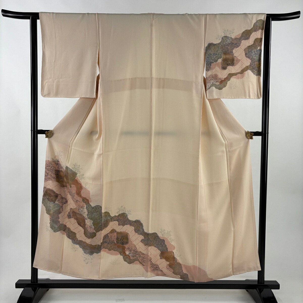 訪問着 身丈153.5cm 裄丈63.5cm S 袷 破れ色紙 道長取 金銀彩 絞り ピンクベージュ 正絹 秀品 一つ紋 【中古】