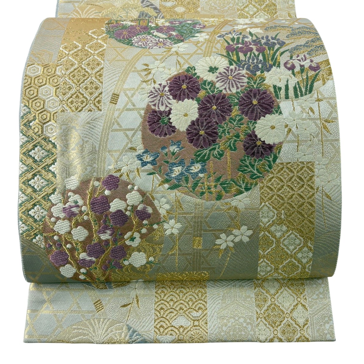 【美品】 袋帯 逸品 古代帝王紫 草花 有職文様 唐織 金糸 灰色 お太鼓柄 正絹 【中古】