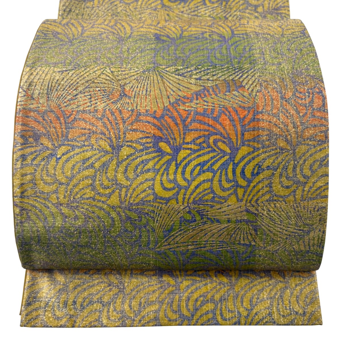 袋帯 逸品 落款あり 牛首紬 幾何学 金彩 山吹色 全通 正絹 【中古】 msp50