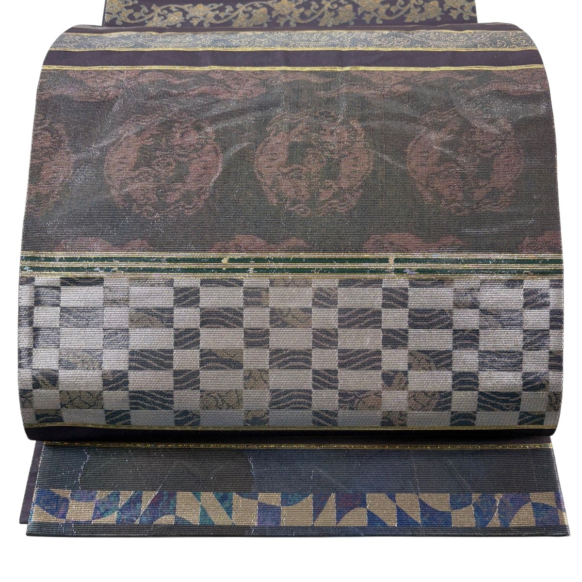 袋帯 秀品 荒磯 段縞 螺鈿箔 金銀彩 紫 お太鼓柄 正絹 【中古】