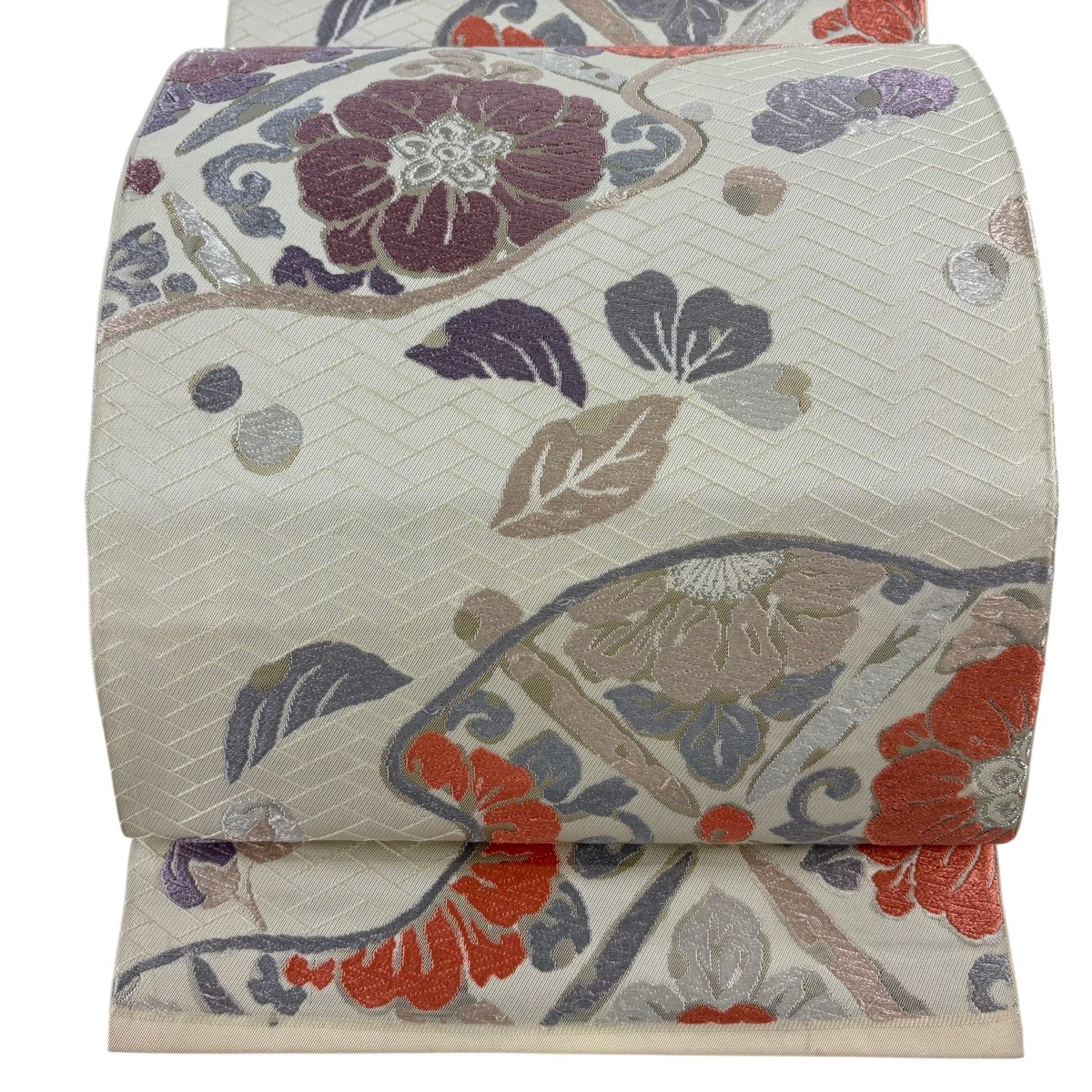 袋帯 名品 関西仕立て 草花 檜垣文 唐織 銀糸 ベージュ 六通 正絹 【中古】