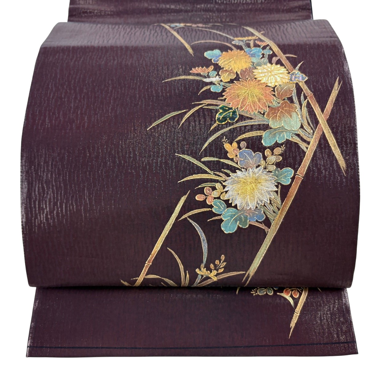 袋帯 名品 関西仕立て 草花 金銀彩 螺鈿 濃紫 お太鼓柄 正絹 【中古】
