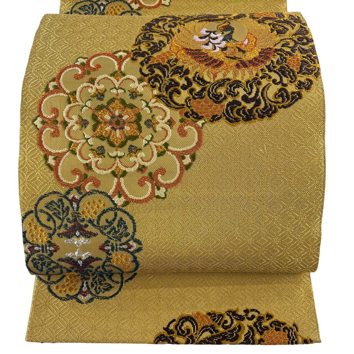 【美品】 袋帯 名品 華文 花喰い鳥 金糸 箔 金色 六通 正絹 【中古】 msp50