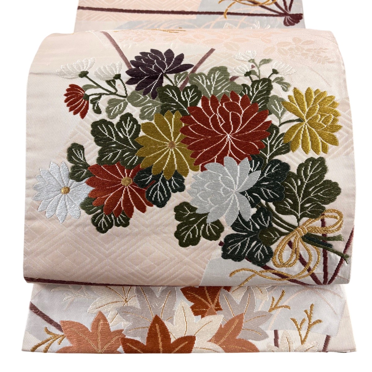 袋帯 秀品 花束 花扇 刺繍 金糸 灰茶 六通 正絹 【中古】
