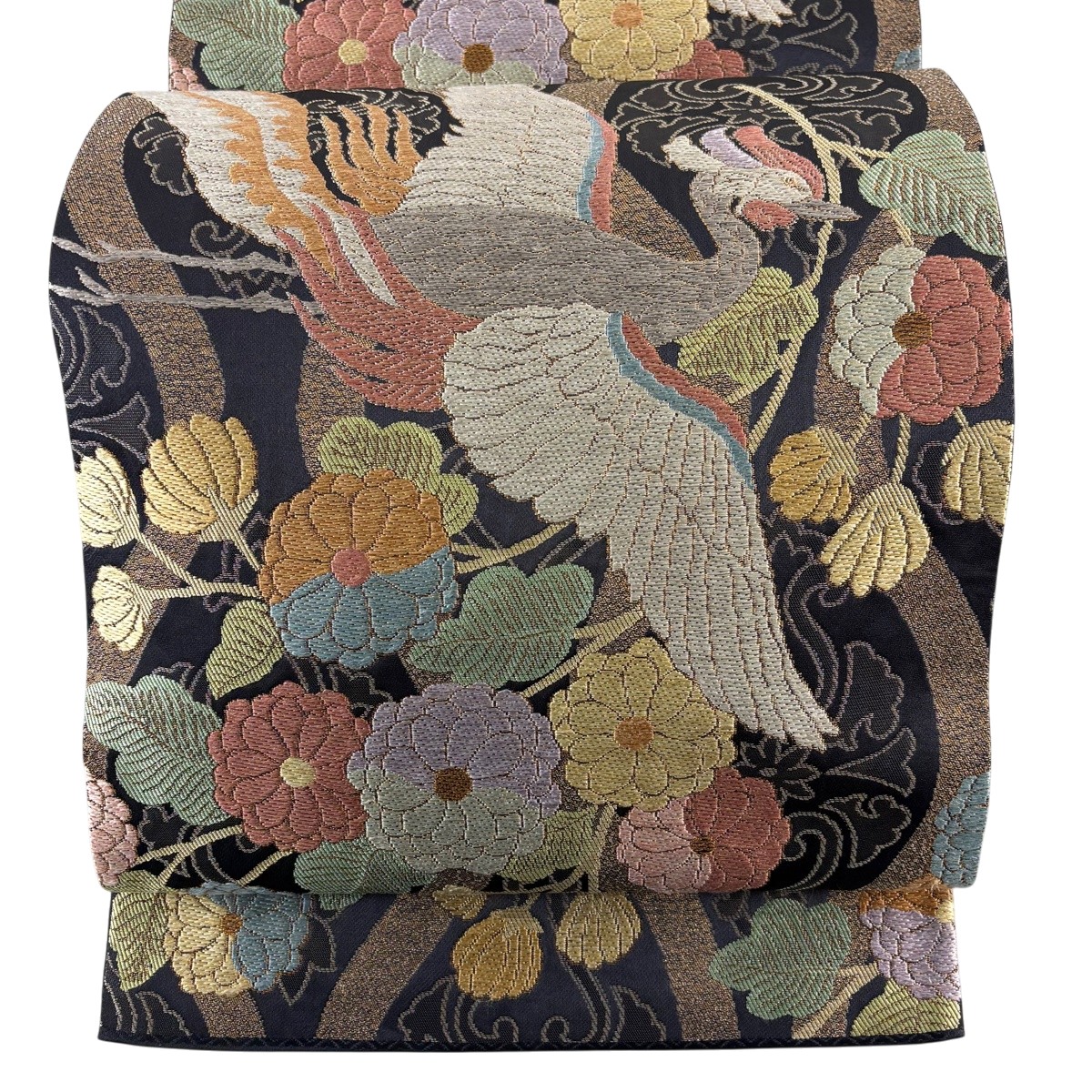 袋帯 秀品 鳳凰 草花 刺繍 黒灰 六通 正絹 【中古】