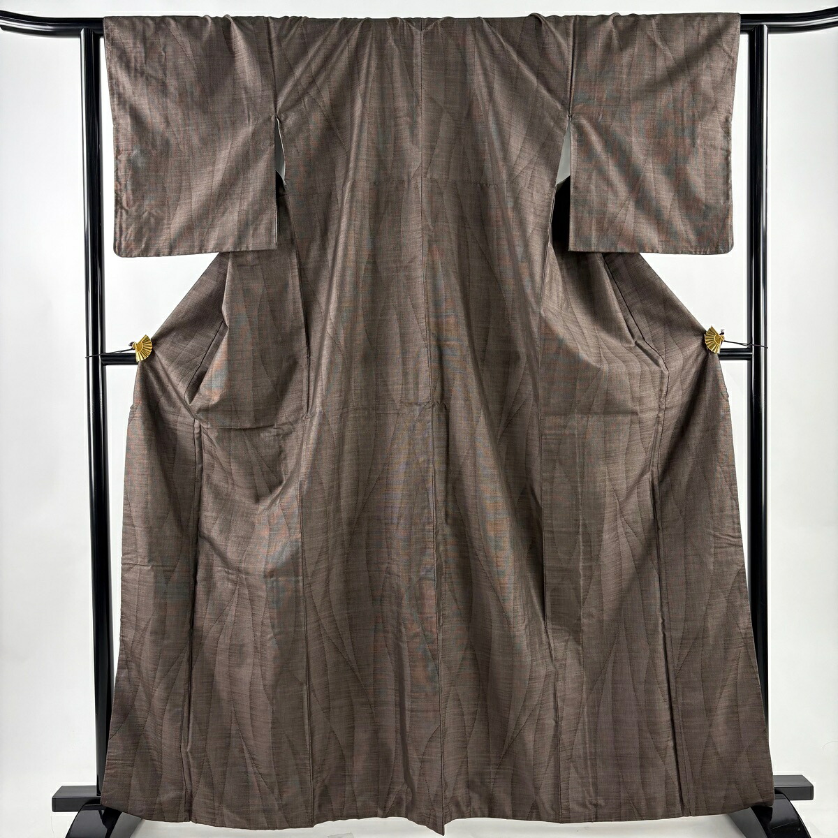 紬 身丈165cm 裄丈64cm M 袷 幾何学模様 焦茶色 正絹 秀品 【中古】