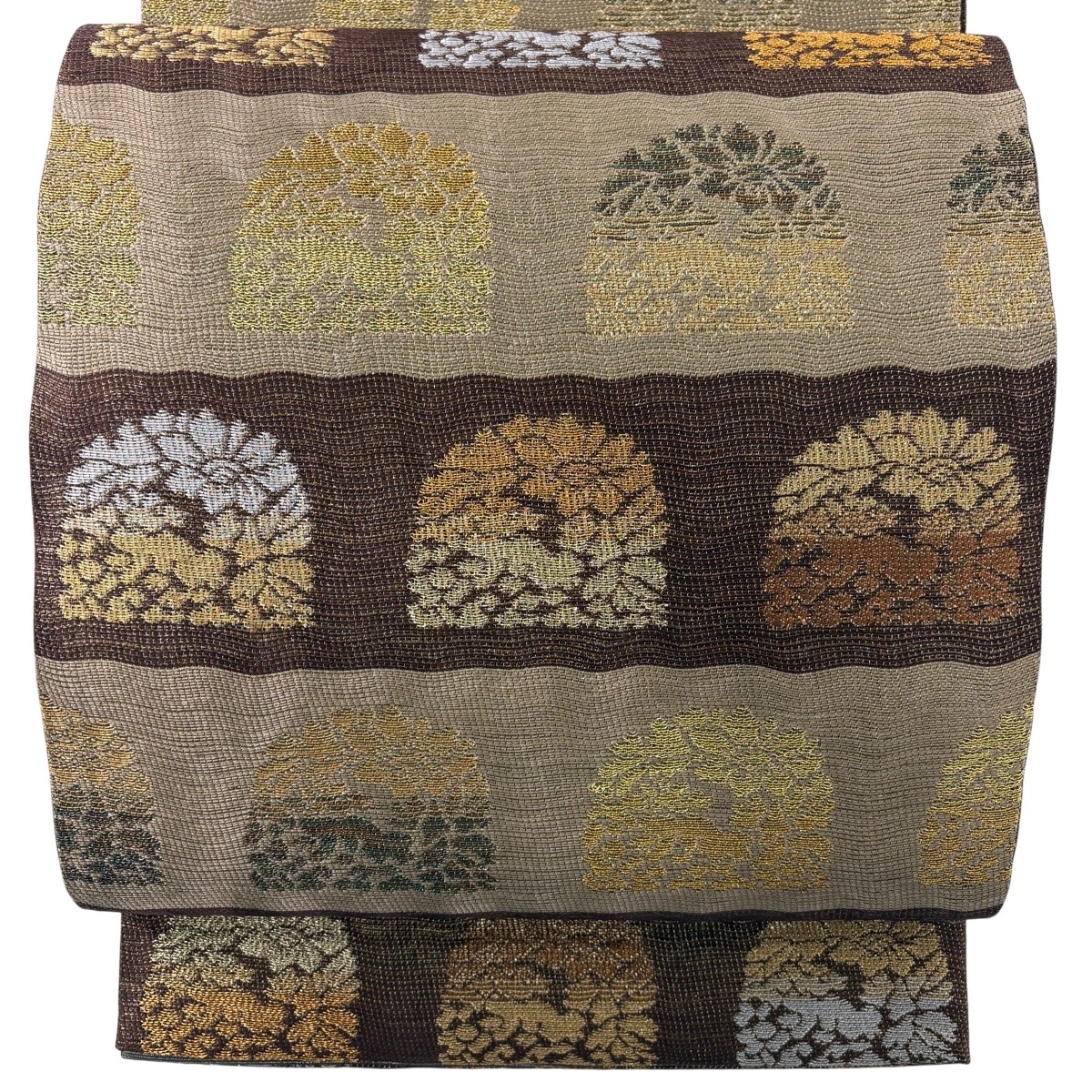 【美品】 袋帯 名品 花うさぎ 段縞 金糸 茶色 六通 正絹 【中古】 msp50