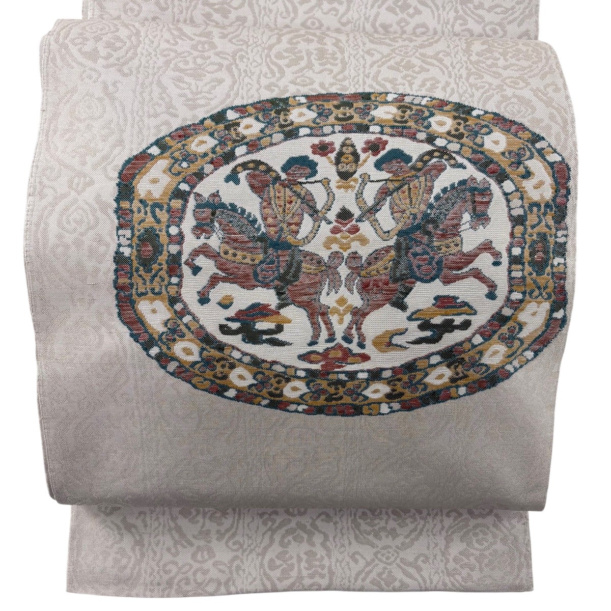 【美品】 袋帯 名品 狩猟文 草花 灰色 お太鼓柄 正絹 【中古】 msp50