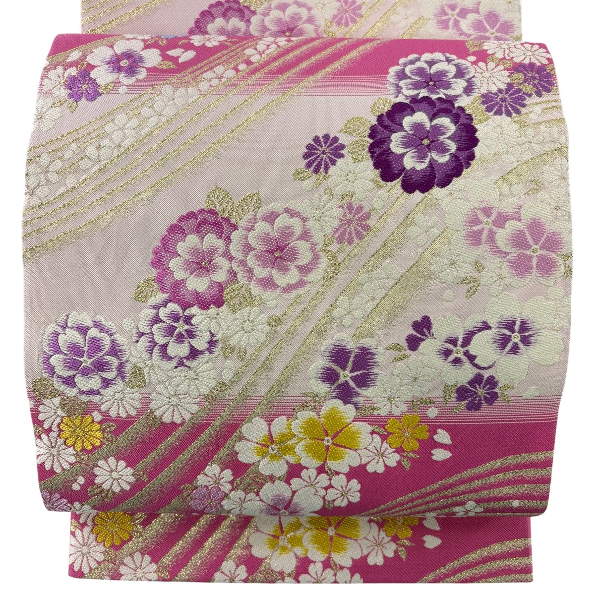 【美品】 袋帯 名品 振袖向き 桜 菊 箔 ピンク 六通 正絹 【中古】 msp50