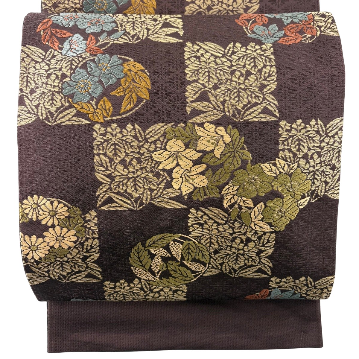 袋帯 名品 花丸文 草花 茶色 六通 正絹 【中古】