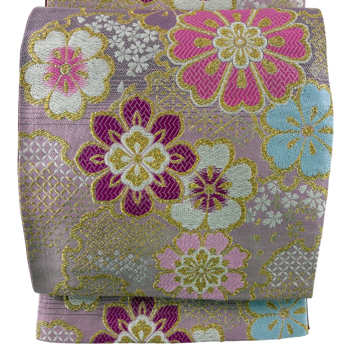 袋帯 名品 桜 箔 薄紫 六通 正絹 【中古】