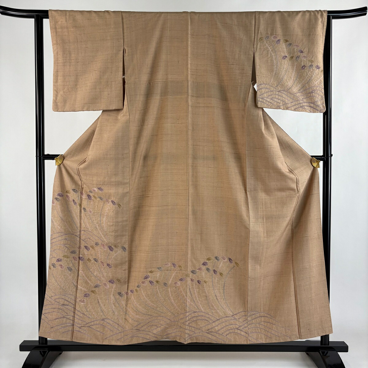 訪問着 身丈157.5cm 裄丈62cm S 袷 紬地 波 葉柄 絞り 茶色 正絹 名品 【中古】
