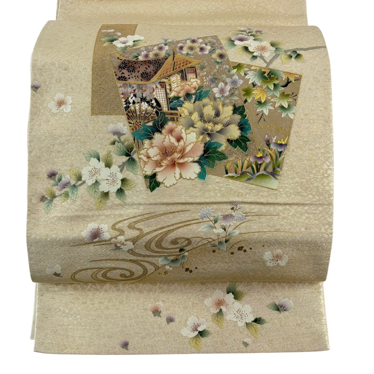 袋帯 秀品 色紙 草花 金銀彩 金糸 金色 お太鼓柄 正絹 【中古】