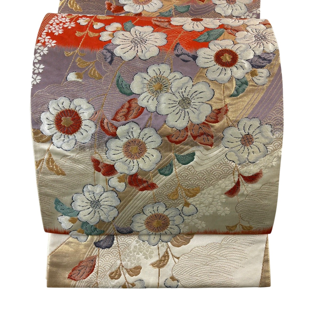 袋帯 秀品 桜 雲文 金銀糸 刺繍 クリーム 六通 正絹 【中古】