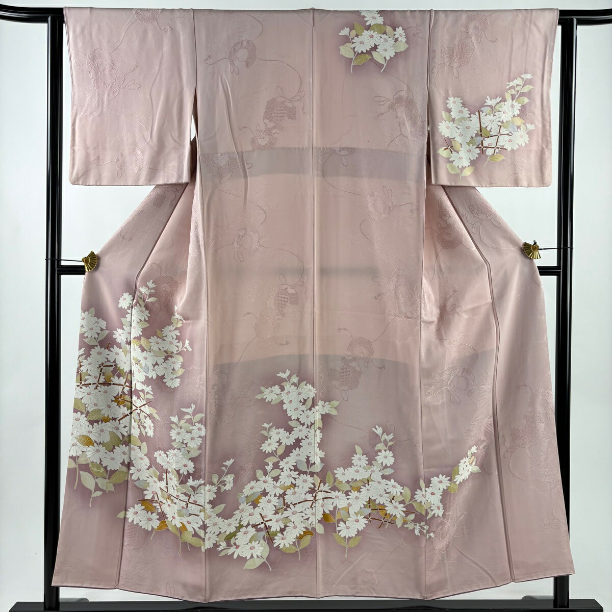 訪問着 身丈154.5cm 裄丈62.5cm S 袷 草花 地紋 ぼかし ピンク 正絹 秀品 【中古】