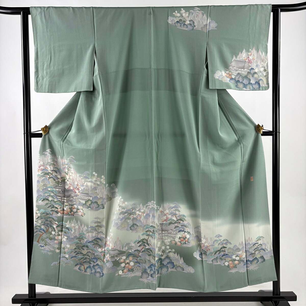 訪問着 身丈153.5cm 裄丈62cm S 袷 落款あり 家屋 松竹梅 ぼかし 薄緑 正絹 秀品 一つ紋 【中古】
