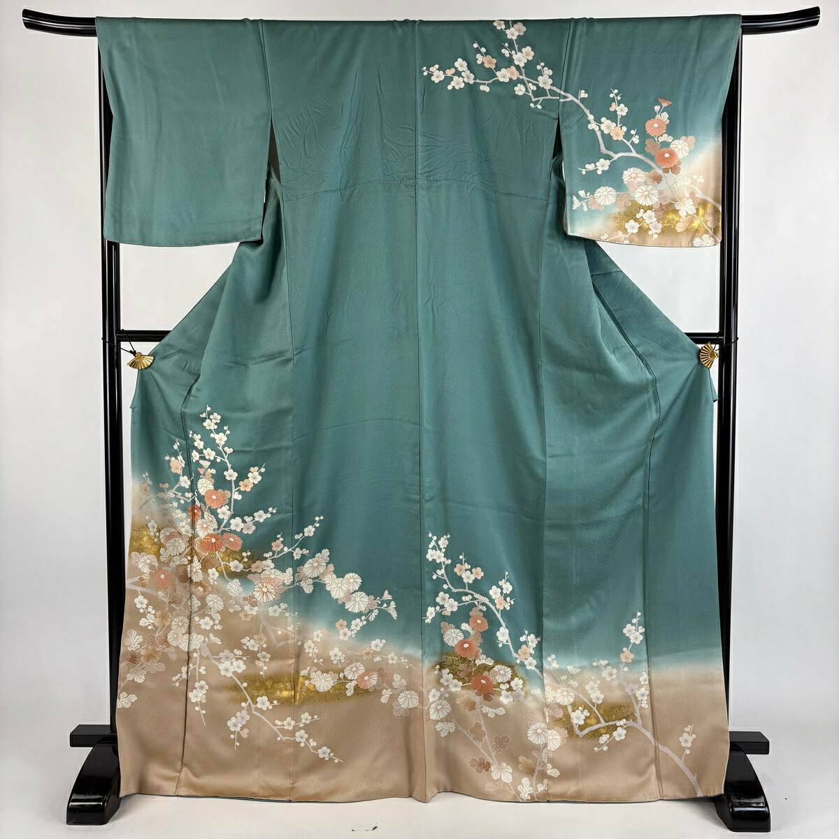 訪問着 身丈171cm 裄丈66.5cm M 袷 菊 梅 金糸 金彩 青緑 正絹 秀品 【中古】
