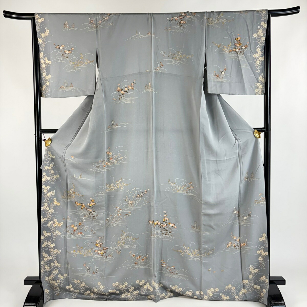 訪問着 身丈169cm 裄丈66cm M 袷 背抜き 万寿菊 萩 金糸 金彩 青灰色 正絹 秀品 一つ紋 【中古】