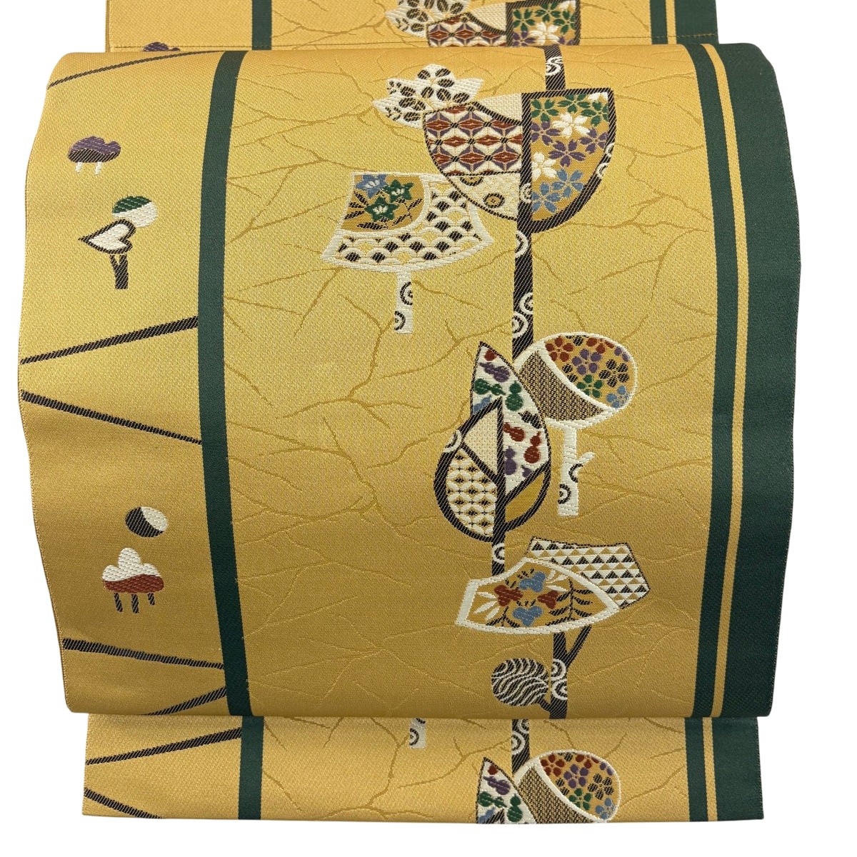 【美品】 名古屋帯 秀品 松葉仕立て 八寸名古屋帯 桜 青海波 唐織 黄土色 正絹 【中古】 msp50
