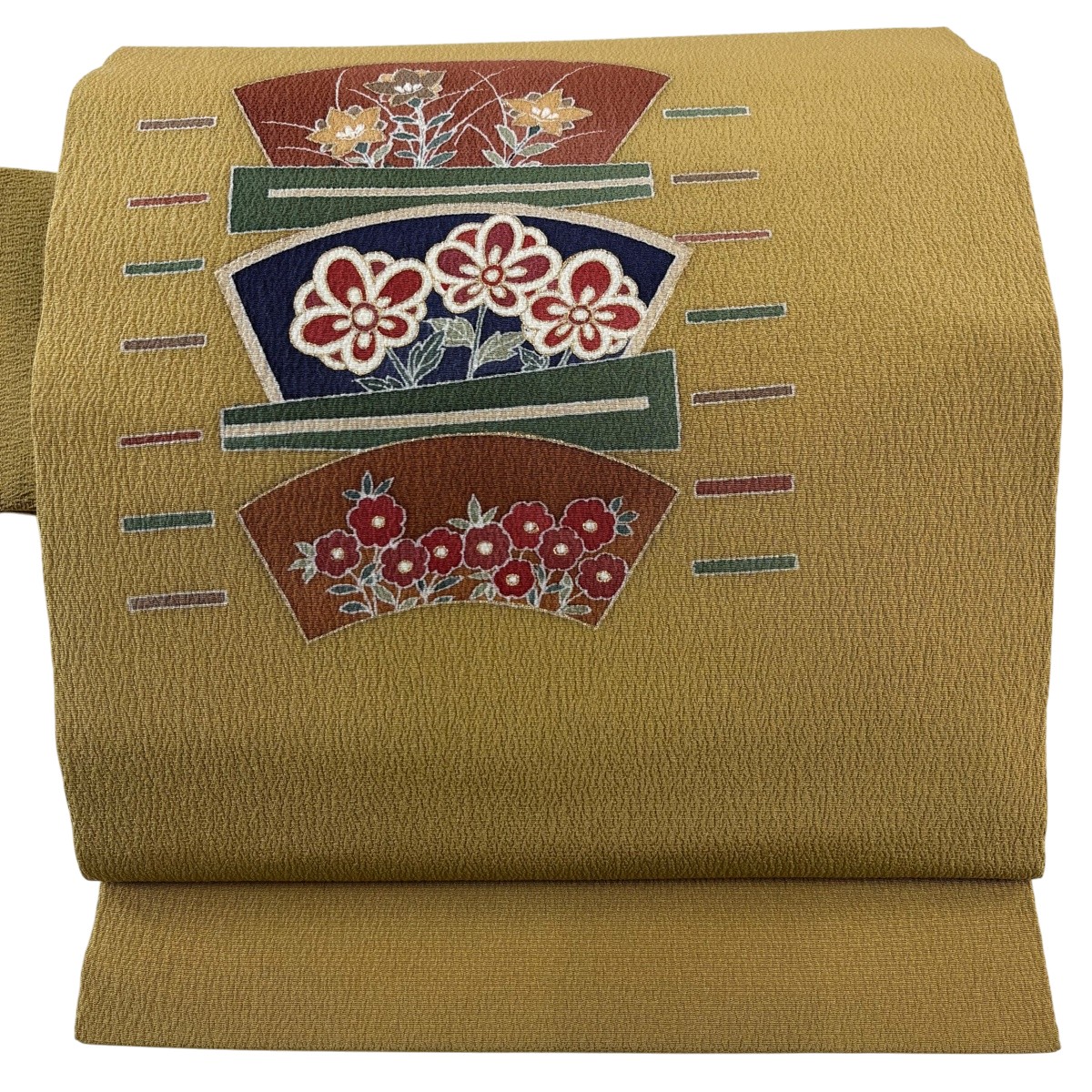 【美品】 名古屋帯 秀品 扇面 草花 金彩 黄土色 正絹 【中古】 msp50