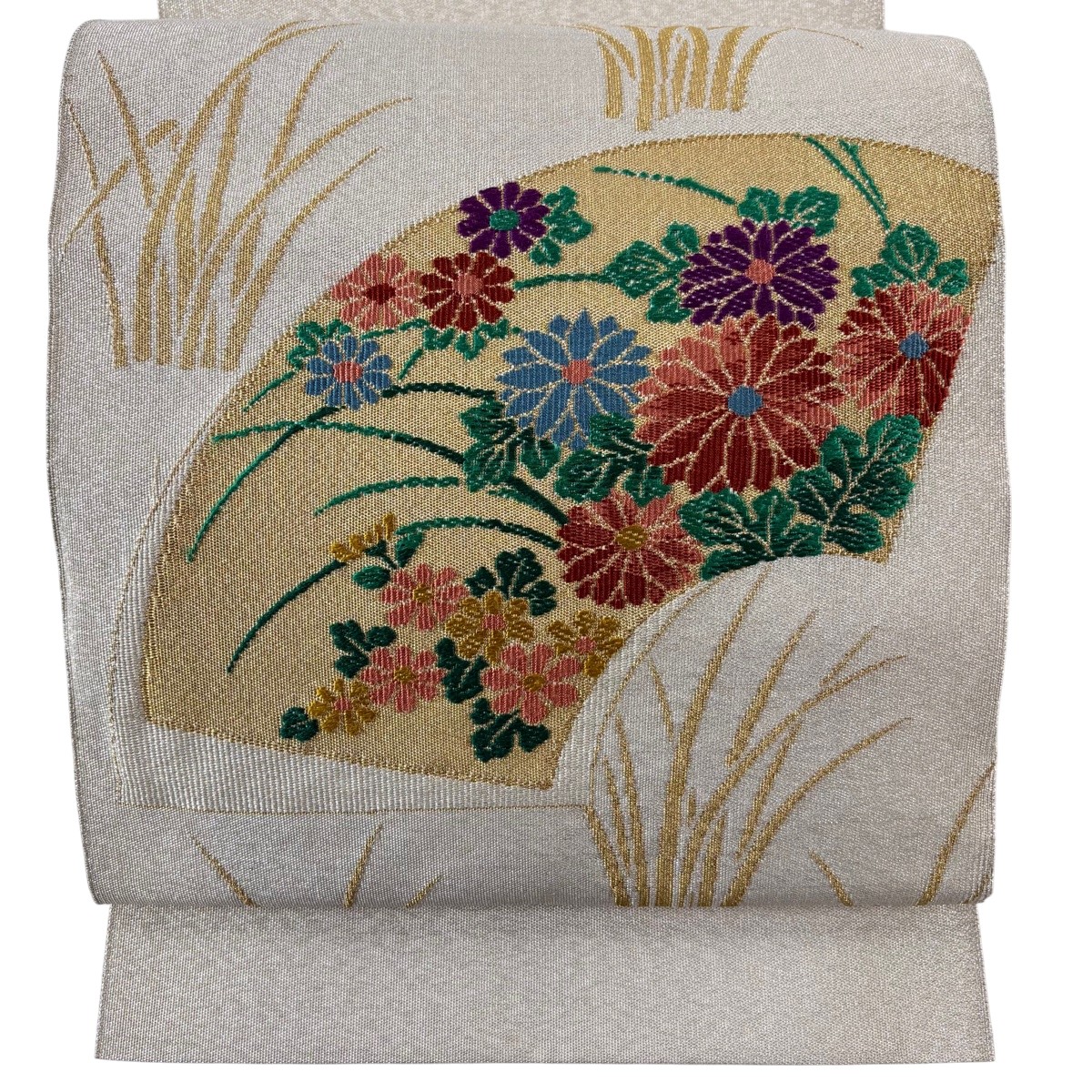 【美品】 名古屋帯 秀品 八寸名古屋帯 松葉仕立て 扇面 菊 金銀糸 刺繍 ベージュ 正絹 【中古】 msp50