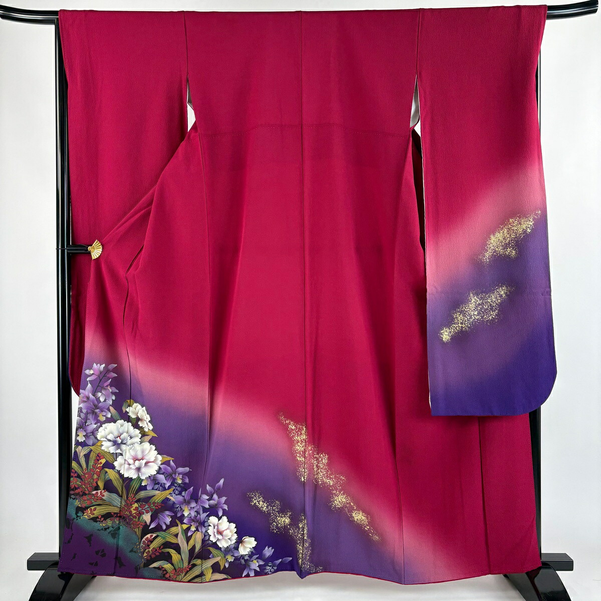 振袖 身丈162cm 裄丈67.5cm L 袷 草花 金彩 染め分け 赤紫 正絹 秀品 【中古】