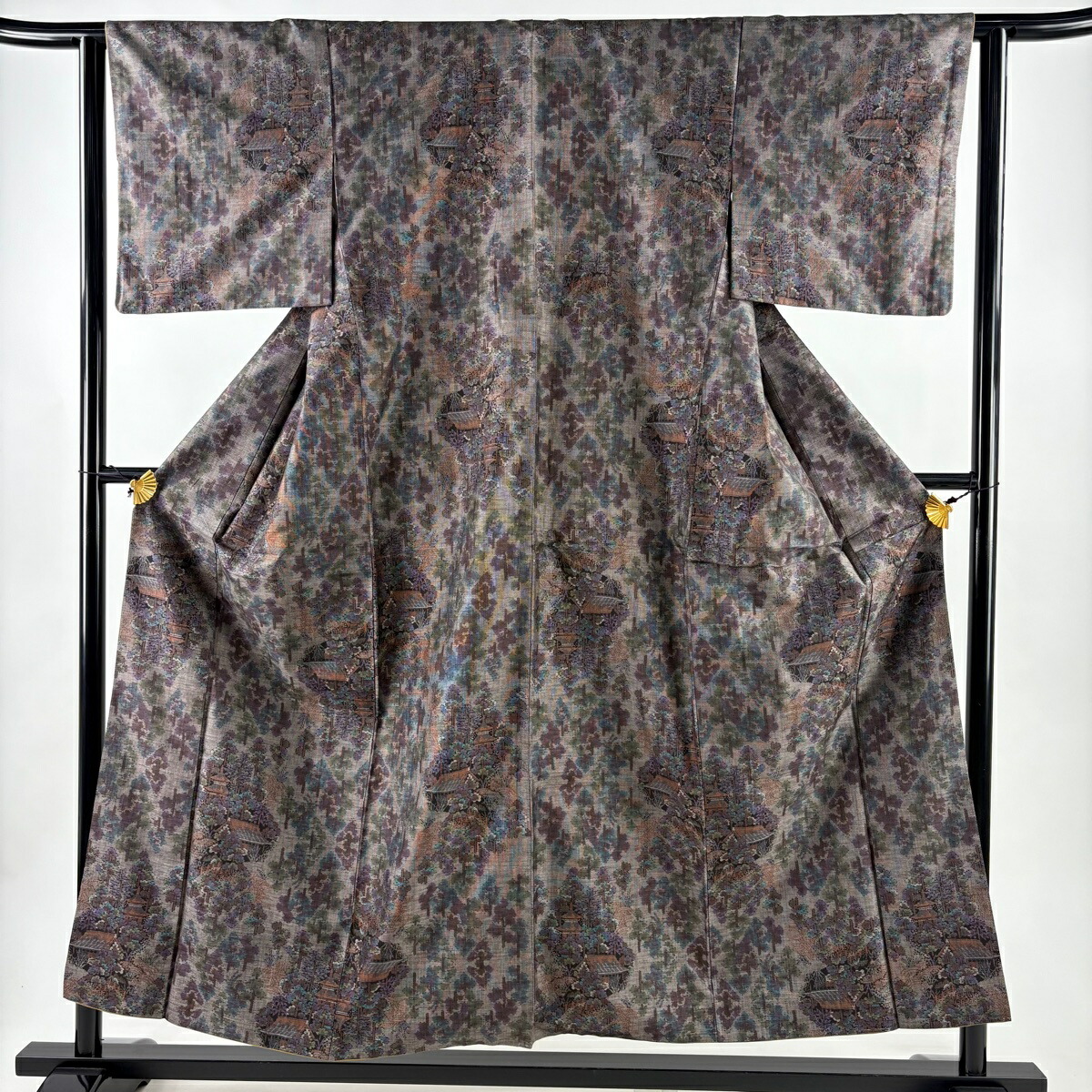 【美品】 紬 身丈155cm 裄丈62.5cm S 袷 建物 樹木 茶紫 正絹 秀品 【中古】