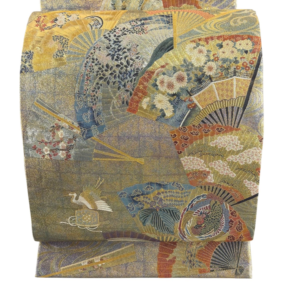 袋帯 名品 落款あり 徳川美術館秘蔵 扇 花鳥 箔 金糸 薄緑 お太鼓柄 正絹 【中古】